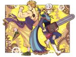  2boys ankle_wrap baggy_pants blonde_hair blue_eyes blue_pants boots border chainsaw collared_shirt dynamic_pose earrings edgar_roni_figaro fighting_stance final_fantasy final_fantasy_vi from_side full_body gear_background green_shoes grin holding holding_chainsaw holding_weapon ichi_(pixiv6373491) jewelry long_hair long_sleeves looking_at_another low_ponytail male_focus multiple_boys muscular muscular_male outside_border pants ponytail sabin_rene_figaro shirt shoes short_hair short_ponytail siblings smile twins weapon white_boots wrist_wrap yellow_theme 