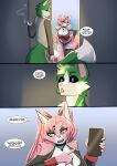 absurd_res anthro black_sclera blue_eyes breasts cellphone collar cosplay cousins_(lore) daisy_(katson) dark_sclera dialogue drugs duo electronics english_text felid feline female fur geen_eyes green_body green_fur hair hi_res incest_(lore) inner_ear_fluff light lizzard_sama male mammal phone pink_body pink_fur pink_hair ponytail shadow_(katson) smartphone smoking smug sunlight text thick_thighs tuft white_body white_fur