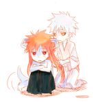  2boys animal_ears black_sclera bleach chibi dual_persona horns kurosaki_ichigo long_hair male male_focus monster_boy multiple_boys orange_hair postmd red_eyes shirosaki_hichigo short_hair tail white_hair yellow_eyes 