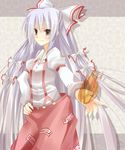  bad_id bad_pixiv_id bow dress_shirt fire fujiwara_no_mokou hair_bow highres long_hair mizuki_hau pants red_eyes ribbon shirt silver_hair solo suspenders touhou very_long_hair 