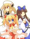  beret blonde_hair blue_eyes bow brown_hair fang hair_bow harukatron hat luna_child multiple_girls red_eyes star_sapphire sunny_milk touhou twintails 