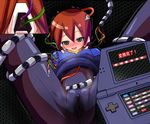  1girl aile artist_request blush bodysuit brown_hair capcom clitoris female green_eyes hacking mind_control nintendo_ds pantyhose pussy robot_ears rockman rockman_zx simple_background skin_tight solo spread_legs tights vest 
