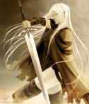 absurdres ami_thompson bad_id bad_pixiv_id cape claymore claymore_(sword) closed_eyes highres irene_(claymore) long_hair pointy_ears solo sword thighhighs weapon white_hair 