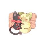  2others animal_ears black_fur blush_stickers cat_ears closed_eyes closed_mouth green_fur highres litten lying multiple_others no_humans on_pillow on_side pillow pokemon pokemon_(creature) sleeping_on_pokemon sleeping_together sprigatito white_background yupo_0322 