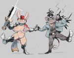 anthro arma&#039;s_quest arma_(arma&#039;s_quest) armadillo armor bikini_armor bottomwear clothing duo fan_character female flexing footwear hand_holding haplorhine hi_res holding_melee_weapon holding_object holding_sword holding_weapon jacket jdoe_p magic male male/female mammal mask melee_weapon mohawk monkey muscular original_character pants primate shoes smile sneakers suggestive_clothing sword topwear unconvincing_armor weapon xenarthran