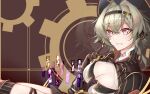  1girl absurdres aponia_(honkai_impact) black_hairband breasts brown_eyes brown_gloves brown_hair brown_shrug chinese_commentary cleavage commentary_request eden_(honkai_impact) fu_hua gear_hair_ornament gloves griseo hair_between_eyes hair_intakes hair_ornament hairband highres honkai_(series) honkai_impact_3rd kosma large_breasts looking_at_viewer red_pupils short_hair sitting solo su_(honkai_impact) thighs vill-v wu_hai yae_sakura yae_sakura_(goushinnso_memento) 