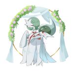  ariumu arm_blade bob_cut cape carrying closed_eyes colored_skin dress gallade gardevoir green_hair mega_gallade mega_gardevoir mega_pokemon pokemon pokemon_(creature) princess_carry signature sweatdrop weapon white_cape white_dress white_skin 