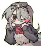  &gt;_o 1girl blue_dress blue_hair blush bow bowtie closed_mouth colored_skin dress eunoia_(frozen_soul) frozen_soul hands_up kkongchi1167263 long_hair long_sleeves looking_at_viewer one_eye_closed red_bow red_bowtie roblox sidelocks simple_background smile solo very_long_hair white_background white_skin 