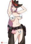 1girl absurdres bikini breasts chaps cleavage colored_condom condom condom_belt cowboy cowboy_hat cowboy_western hat hat_ornament highres hololive hololive_english large_breasts long_hair looking_at_viewer mori_calliope mori_calliope_(sheriff) multiple_condoms official_alternate_costume pink_hair pointless_condom red_eyes sheriff_(western) skull_hat_ornament smile swimsuit used_condom virtual_youtuber white_bikini yan_jhia 