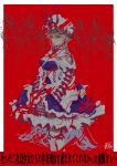  1girl abstract_background absurdres artist_name blonde_hair blue_dress bow breasts cleavage cleavage_cutout clothing_cutout corset crinoline dress garter_straps hat hat_ribbon highres long_hair long_sleeves medium_breasts mob_cap pink_eyes red_background red_bow red_ribbon ribbon shoulder_cutout signature simple_background sketch sokura_(mochichitose) solo thighhighs torn_clothes torn_dress touhou translation_request white_corset white_hat white_thighhighs yakumo_yukari 