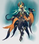  1other androgynous b.i.a black_scales black_wings dragon elbow_spikes fire fluff flying full_body furry grey_hair highres horns long_hair midair multicolored_horns multicolored_wings multiple_wings orange_eyes orange_horns orange_wings original patterned_hair simple_background solo spines talons wings 