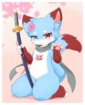 2024 4_toes :3 absurd_res anthro belly big_eyes black_body black_fur blue_body blue_eyes blue_fur blush blush_lines border canid canine cel_shading cherry_blossom chest_markings claws closed_smile digital_media_(artwork) dipstick_ears dipstick_tail ear_markings eye_scar eyebrows facial_scar featureless_crotch feet femboy finger_claws fingerless_(marking) flower fox front_view full-length_portrait fur gradient_background grey_scarf happy hi_res holding_katana holding_melee_weapon holding_object holding_sword holding_weapon inner_ear_fluff katana kemono kneeling looking_at_viewer male mammal markings melee_weapon mostly_nude mouth_closed multicolored_body multicolored_ears multicolored_fur navel pawpads paws pink_background pink_pawpads plant portrait prunus_(flower) pupils raised_tail red_body red_eyes red_fur scar scarf scarf_only seiza shaded shadow sheathed_sword shirom simple_background sitting slightly_chubby smile solo sword tail tail_markings thick_thighs three-quarter_view toes tuft weapon white_body white_border white_fur wide_hips