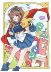 1girl arle_nadja armor blob blue_boots blue_eyes blue_gloves blue_skirt blue_sky blue_socks boots bridal_gauntlets brown_eyes brown_hair cape carbuncle_(puyopuyo) chest_guard closed_eyes corset gloves green_eyes heart high_ponytail highres leaning_forward long_hair looking_at_viewer nobita_(makoto7060355) open_mouth pauldrons pleated_skirt ponytail puyo_(puyopuyo) puyopuyo puyopuyo~n red_cape school shoulder_armor skirt sky smile socks standing white_corset window yellow_eyes 