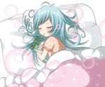  ahoge aqua_hair blanket blush clock closed_eyes hatsune_miku hug long_hair lying pillow sleeping solo spring_onion usakou vocaloid 