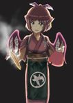  animal_ears apron dark earrings fan food grey_eyes hanputei_san hat japanese_clothes jewelry mystia_lorelei obi okamisty paper_fan pink_hair sash short_hair single_earring skewer smile solo tasuki touhou uchiwa wings 