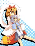  animal_ears barefoot blonde_hair brown_hair capelet cheese food grey_hair hair_ornament halftone halftone_background harukatron hug hug_from_behind jewelry mouse_ears mouth_hold multicolored_hair multiple_girls navel nazrin pendant red_eyes shawl toramaru_shou touhou two-tone_hair v_arms 