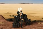  amputee ankle_boots barbariank black_rock_shooter boots desert highres hood mechanical_arms ribbon solo strength_(black_rock_shooter) tail tan thighhighs white_hair 