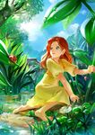  arrietty barefoot bug dress face feet hair_down hands highres insect karigurashi_no_arrietty ladybug leaf looking_up minigirl solo streamingsun tree water_drop yellow_dress 