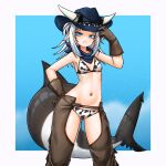  1girl animal_print bikini blue_eyes blue_hair blunt_bangs boots brown_gloves chaps cow_girl cow_print cow_print_bikini cowboy_boots cowboy_hat cowboy_western fins fish_tail gawr_gura gills gloves grey_hair hat highres hololive hololive_english looking_at_viewer midriff multicolored_hair print_bikini shark_girl shark_tail solo streaked_hair superfann swimsuit tail two_side_up virtual_youtuber 