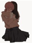  2girls ahoge black_hair black_skirt blush closed_eyes commentary crying highres hug koito_yuu lie_lack1080 long_hair long_sleeves low_twintails multiple_girls nanami_touko open_mouth orange_hair parent_and_child pleated_skirt sailor_collar school_uniform short_hair short_twintails simple_background skirt tohmi_higashi_high_school_uniform twintails white_background white_sailor_collar yagate_kimi_ni_naru yuri 