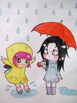  2boys black_hair long_hair multiple_boys pink_hair rain raincoat short_hair stajun tommyrod toriko_(series) umbrella 
