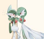  ariumu blush bob_cut colored_skin dress flying_sweatdrops from_side gallade gardevoir green_hair green_skin kabedon multicolored_skin pokemon pokemon_(creature) red_eyes signature simple_background two-tone_skin white_dress white_skin 