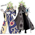  1girl absurdres angry black_cloak black_dress black_eyeshadow black_lips black_nails blue_dress boots bracelet character_name cloak dress dual_persona eye_print eyeshadow full_body genderswap genderswap_(mtf) ghetsis_(pokemon) gold_bracelet green_hair grin hands_up high_collar high_heel_boots high_heels highres holding holding_scepter holding_staff jewelry lipstick long_dress long_hair long_sleeves looking_at_viewer makeup monocle multiple_bracelets opaque_monocle pokemon pokemon_bw pokemon_bw2 red-tinted_eyewear red_eyes red_eyeshadow red_lips sash scepter scowl smile staff standing team_plasma tinted_eyewear two-tone_dress v-shaped_eyebrows venus_symbol w_arms wanderjegson white_sash wide_sleeves yellow_dress 