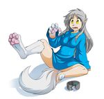  barefoot bent_legs butt canine claws clothing collar digitigrade fangs female fur grey_hair hair hindpaw human keidran long_hair mammal open_mouth pawpads paws pointy_ears raine_(twokinds) raised_leg scared shadow shirt slit_pupils solo surprise tail tom_fischbach tongue transformation twokinds webcomic wolf yellow_eyes 