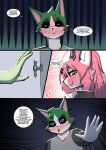 absurd_res anthro bathing black_sclera blue_eyes blush comic cousins_(lore) daisy_(katson) dark_sclera english_text felid feline female fur green_body green_eyes green_fur hair hi_res incest_(lore) lily_(katson) lizzard_sama male mammal pink_body pink_fur pink_hair ponytail profanity shadow_(katson) showering sibling_(lore) text wet_hand white_body white_fur
