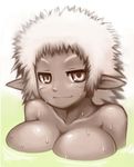  afro blush breasts cleavage commentary copyright_request dark_skin floating_breasts kakkou_(su) large_breasts lowres nude pointy_ears solo water wet white_hair 