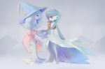  alternate_color black_sclera blue_hair blue_skin bob_cut colored_sclera colored_skin dress from_side gardevoir grey_background hatterene highres multicolored_hair multicolored_skin orange_eyes pokemon pokemon_(creature) prehensile_hair shiny_pokemon shuri_0818 two-tone_skin white_dress white_skin 