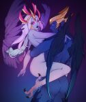 2025 4_fingers 4_toes abstract_background absurd_res anisodactyl artist_name avian_feet back_groove biped black_claws black_talons blue_body blue_eyes blue_feathers blue_hair blue_lips blue_skin blue_wings breasts butt canon_couple carrying_another carrying_partner claws dark_lips digital_media_(artwork) dragonus_the_skywrath_mage duo feathered_wings feathers feet female female_humanoid finger_claws fingers forehead_gem gem glowing glowing_eyes hair hand_on_partner&#039;s_shoulder hi_res hug hugging_another humanoid humanoid_on_humanoid humanoid_pointy_ears konichuwu leg_wrap lips looking_at_another looking_at_partner male male/female male_humanoid medium_breasts no_pupils nude nude_female nude_humanoid nude_male pink_eyes pink_hair pointy_ears portrait purple_body purple_feathers purple_gem purple_skin purple_wings scuted_feet scutes shendelzare_the_vengeful_spirit skywrath slim_female slim_humanoid slim_male spread_wings standing text three-quarter_portrait tiara_only toes watermark winged_humanoid wings