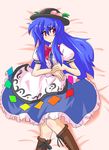  bed_sheet blue_hair blush boots cross-laced_footwear food fruit harukatron hat hinanawi_tenshi lace-up_boots long_hair lying on_back peach red_eyes solo touhou 