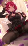  1girl :d armpits bed_sheet black_bow black_pantyhose black_shirt black_skirt blue_eyes blurry blurry_foreground bob_cut bow breasts cameltoe chest_bow cleavage_cutout clothes_grab clothing_cutout commentary crystal_wings curtains depth_of_field detached_sleeves double_halo english_commentary fangs flower halo heterochromia highres hololive hololive_english indoors irys_(hololive) large_breasts looking_at_viewer miniskirt official_alternate_hair_length official_alternate_hairstyle open_mouth padoruu pantyhose pink_eyes pointy_ears purple_flower red_hair shirt short_hair sitting skirt smile solo spread_legs star-shaped_pupils star_(symbol) star_halo steaming_body symbol-shaped_pupils teeth upper_teeth_only virtual_youtuber 