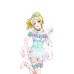  1girl ayase_eli bare_shoulders barefoot blonde_hair blue_eyes bow dress earrings fairy_tale_(love_live!) frilled_dress frilled_thigh_strap frills glass_slipper hair_ornament hair_scrunchie holding holding_shoes holding_unworn_clothes jewelry leg_up light_blush long_hair love_live! love_live!_school_idol_festival love_live!_school_idol_project off-shoulder_dress off_shoulder official_alternate_costume official_art open_mouth ponytail scrunchie see-through_clothes shoes short_dress sidelocks smile solo thigh_strap third-party_source tiara transparent_background unworn_shoes white_scrunchie 