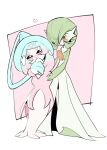  black_sclera blush bob_cut colored_sclera colored_skin dress gardevoir green_hair green_skin hair_over_one_eye hatterene multicolored_skin nanny_(199269) pink_background pink_eyes pokemon pokemon_(creature) prehensile_hair smile two-tone_skin white_dress white_skin 