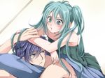  1girl aqua_eyes aqua_hair bare_shoulders blue_eyes blue_hair blush couple dress dutch_angle hatsune_miku hetero ji_ko kaito long_hair lying nail_polish on_person pillow shirtless strapless strapless_dress twintails vocaloid 