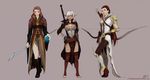  almateria anders_(dragon_age) armor arrow bad_id bad_pixiv_id banned_artist bare_shoulders black_hair boots bow_(weapon) brown_eyes brown_hair coat dark_skin dragon_age_2 earrings elf fenris_(dragon_age) fur_trim gauntlets genderswap genderswap_(mtf) green_eyes highres jewelry long_hair multiple_girls pointy_ears ponytail quiver sebastian_vael staff sword tattoo thighhighs weapon white_hair zettai_ryouiki 