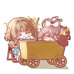  2girls ahoge blue_dress bow brown_hair chibi closed_eyes cradle dress eagle_(reverse:1999) flutterpage full_body hair_bow highres hitting holding holding_rod multiple_girls nijiiro_diary on_chair reverse:1999 rod short_hair sitting sleeping sleeping_upright wavy_mouth wheel white_background white_bow zzz 