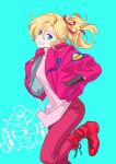  1girl blonde_hair blue_background blue_eyes boots commentary_request elle_vianno gloves gundam gundam_zz hair_ribbon highres lace-up_boots long_hair looking_at_viewer ponytail red_boots ribbon simple_background smile solo suzutsuki_kurara 