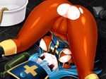  anus ass bdsm blue_hair blush bodysuit bondage boots bottle bound breast_bondage breasts cameltoe censored chunsoft dragon_quest dragon_quest_iii enix erect_nipples frown hat long_hair lying on_back priest_(dq3) red_eyes restrained spread_legs strap straps sweat tears torn_clothes trubka 