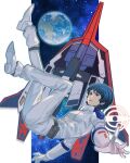  1boy aeug belt belt_pouch black_belt blue_eyes blue_hair bodysuit earth_(planet) gundam highres kamille_bidan kasumi_(skchkko) male_focus mecha mecha_pilot_suit nebula normal_suit_(gundam) outside_border outstretched_arms parted_lips pillarboxed planet pouch robot science_fiction shoes short_hair solo space spacecraft spacesuit spread_arms star_(sky) starfighter wave_rider white_bodysuit white_shoes zero_gravity zeta_gundam zeta_gundam_(mobile_suit) 