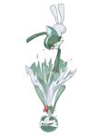  ariumu bob_cut closed_eyes colored_skin dress gallade gardevoir green_hair green_skin highres multicolored_skin pokemon pokemon_(creature) red_eyes simple_background two-tone_skin white_background white_dress white_skin 