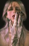 black_background black_nails blind_eye brown_eyes colored_skin hand_on_another&#039;s_face hand_on_another&#039;s_head highres longwandb looking_at_viewer multiple_scars open_mouth original piercing scar scar_on_face scar_on_hand simple_background teeth tongue white_hair white_skin 