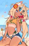  1girl alternate_costume ark_evil02 bangle beach bead_necklace beads bikini blonde_hair blue_eyes blue_hair blush bracelet brazilian_flag brazilian_flag_bikini brazilian_flag_print brazilian_miku brazilian_miku_(cosplay) breasts cosplay crab cutoffs denim denim_shorts english_commentary exposed_pocket eyewear_on_head fingernails fins fish_girl fish_tail flag_print flag_print_bikini flower hair_flower hair_ornament hatsune_miku heart highres indie_virtual_youtuber jewelry long_hair multicolored_hair nail_polish necklace print_bikini sameko_saba sand sandals shorts small_breasts solo stomach streaked_hair sunglasses swimsuit tail tan tanlines virtual_youtuber vocaloid 