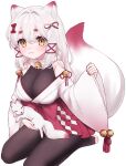  1girl absurdres animal_ears black_bodysuit body_freckles bodysuit bow breasts commission fox_ears fox_girl fox_tail freckles frills fur_collar gohei hair_between_eyes hair_bow hair_ornament hair_ribbon highres indie_virtual_youtuber japanese_clothes kagari_kitsune large_breasts long_hair long_sleeves messy_hair multicolored_hair nontraditional_miko pink_hair red_ribbon ribbon sidelocks skeb_commission skirt sleeves_past_fingers sleeves_past_wrists tai_ki_bansay tail white_hair yellow_eyes 