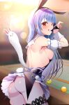  1girl absurdres animal_ear_hairband animal_ears ass backless_dress backless_outfit black_dress black_panties blue_hair blue_skirt blunt_bangs blurry blurry_background breasts detached_sleeves don-chan_(usada_pekora) dress fake_animal_ears fishnet_thighhighs fishnets frilled_dress frills from_behind grin hair_over_shoulder hairband highres hinoki_kahun0 hololive indoors long_hair looking_at_viewer looking_back median_furrow medium_breasts miniskirt official_alternate_costume official_alternate_hairstyle orange_eyes panties pantyshot pleated_skirt pom_pom_(clothes) pool_table puffy_detached_sleeves puffy_short_sleeves puffy_sleeves rabbit-shaped_pupils rabbit_ear_hairband rabbit_ears rabbit_girl rabbit_tail short_dress short_eyebrows short_sleeves sideboob skirt skirt_under_dress sleeveless sleeveless_dress smile solo symbol-shaped_pupils table tail thick_eyebrows thighhighs underwear usada_pekora usada_pekora_(furi_furi_bunny_dress) virtual_youtuber white_skirt white_sleeves wrist_cuffs 