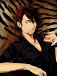  alcohol animal_print brown_eyes brown_hair cup drinking_glass facial_hair fangs highres kaburagi_t_kotetsu male_focus shizax solo stubble tiger_&amp;_bunny tiger_print wine_glass 