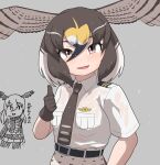  2girls absurdres animal_print bald_eagle_(kemono_friends) belt bird_girl bird_print bird_wings black_belt black_hair blonde_hair brown_eyes brown_gloves brown_hair brown_necktie collared_shirt epaulettes gloves hair_between_eyes head_wings highres japari_symbol kemono_friends looking_at_viewer multicolored_hair multiple_girls necktie peregrine_falcon_(kemono_friends) print_skirt rain rest_in_muni shirt short_hair short_sleeves sidelocks skirt smile t-shirt wet wet_clothes wet_shirt white_hair white_shirt wings 