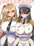 2girls :o aiguillette amphitrite_(last_origin) black_necktie breasts dress epaulettes gigantic_breasts hat highres last_origin long_hair long_sleeves looking_at_viewer military_hat military_uniform multiple_girls naval_uniform necktie open_mouth peaked_cap red_eyes salacia_(last_origin) shirt short_hair skirt sleeveless smile umigarasu_(kitsune1963) very_long_hair white_hat 